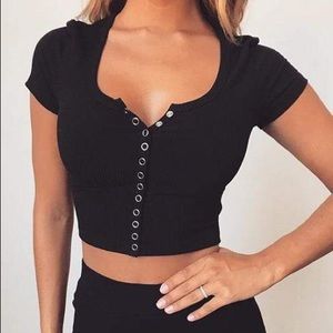 Meshki Basia Button Up Crop Top - Black XS NWT